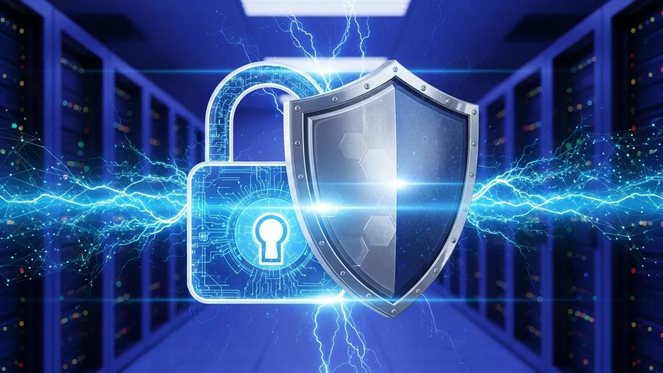 Digital lock and shield representing data security in a high-tech environment