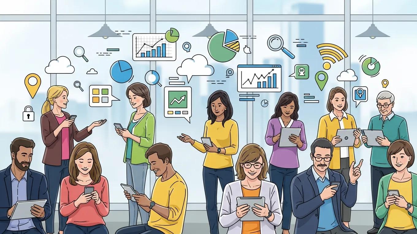 Diverse individuals using technology with data icons representing data collection and usage
