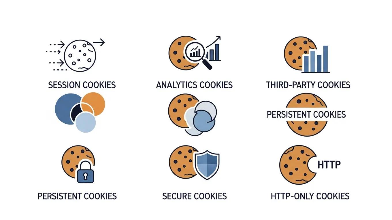 Illustration of different types of cookies: session, analytics, and third-party cookies