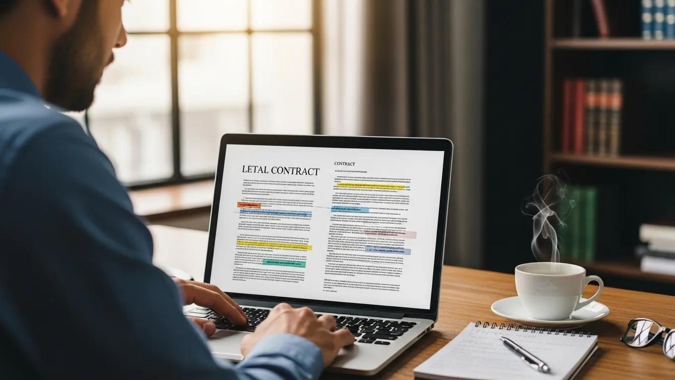 Individual reviewing legal documents on a laptop, emphasizing the importance of updating terms and conditions for legal compliance