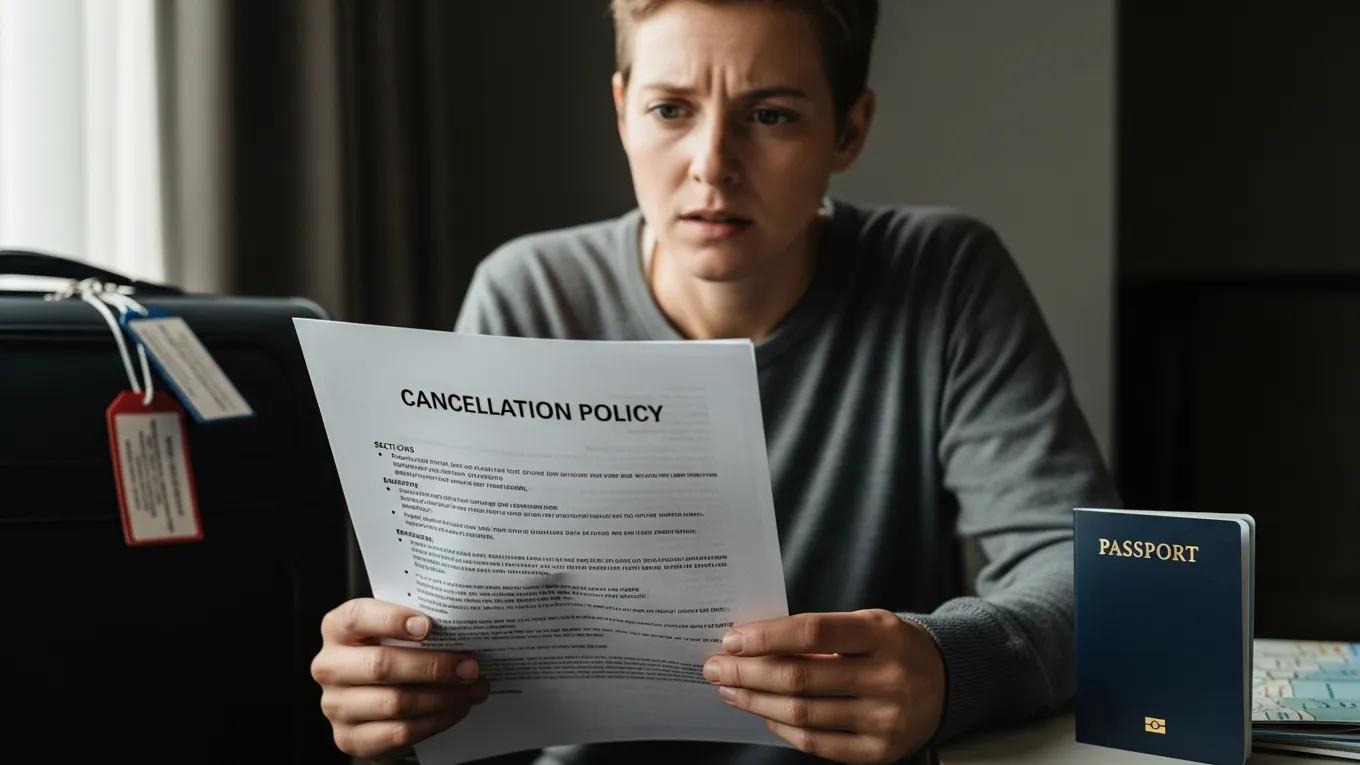 Traveler reviewing cancellation policy with suitcase and passport in the background