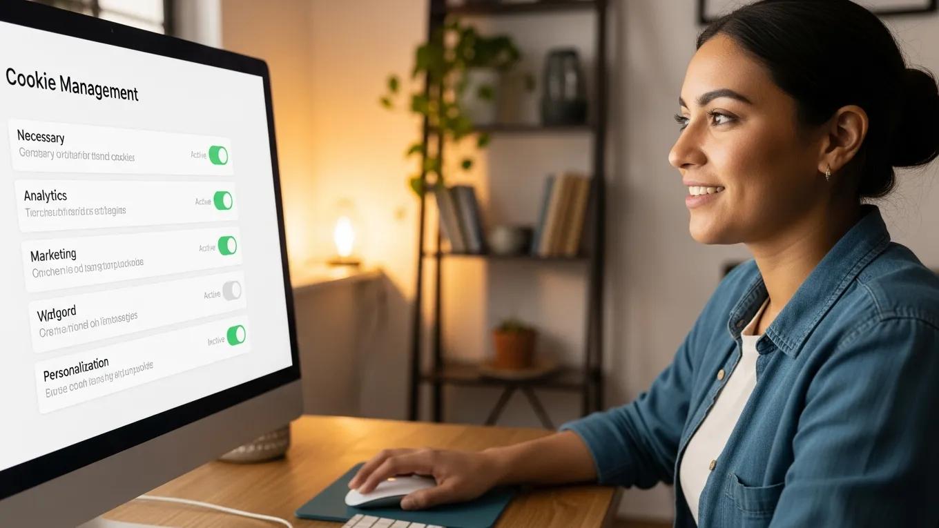 User managing cookie settings on a computer screen, demonstrating effective privacy management